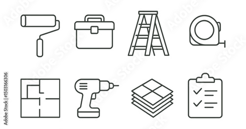 Line style icons of home renovation: paint roller, toolbox, ladder, measuring tape, floor plan, drill icon, tiles stack, renovation checklist.