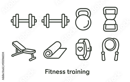 Line style icons of fitness training: dumbbell, barbell, kettlebell, resistance band, weight bench, gym mat, fitness tracker, jump rope.