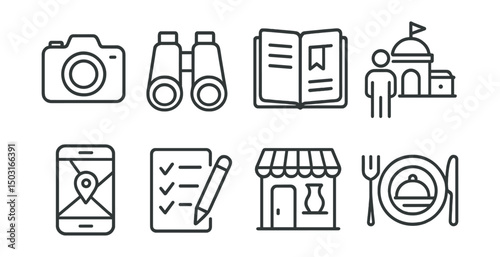 Line style icons of travel activities: photo camera, binoculars, journal, sightseeing icon, travel app, itinerary checklist, souvenir shop, food tour.