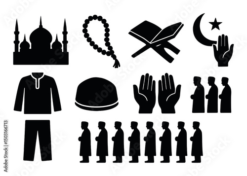 Eid prayer silhouette icons set – simple religious, islamic worship symbols