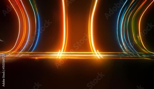Bright orange and blue lights streak across the dark background, emanating from a central point. The lights pulse and dance, creating a sense of depth and movement
