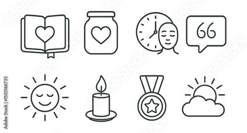 Line style icons of gratitude and reflection: journal with heart, gratitude jar, end-of-day reflection, quote card, thankful mood symbol, evening candle, personal win badge, daily highlight.