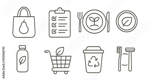 Line style icons of eco-conscious living: reusable bag, eco checklist, plant-based meal, low-waste badge, refillable bottle, mindful shopping cart, recycling bin, sustainable swap.