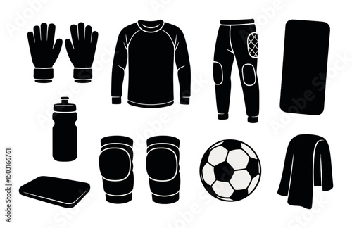 Goalkeeper equipment silhouette icons set – gloves, jersey and sports gear essentials