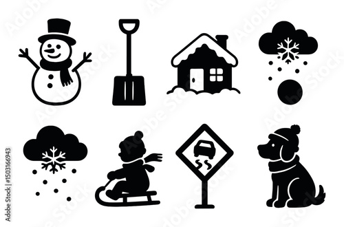 Snow day icons set – silhouette, winter weather and holiday symbols