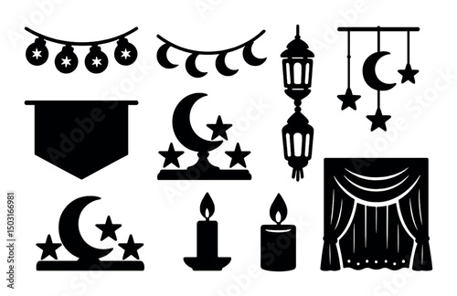 Eid celebration silhouette icons set - festive, ramadan, islamic holiday symbols
