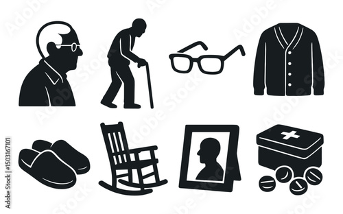 Elderly man silhouette icons set – simple, senior lifestyle and retirement symbols