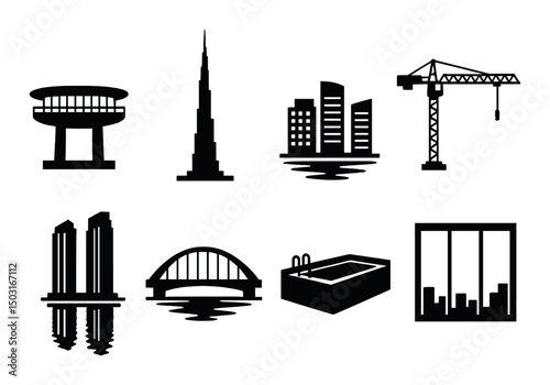 Dubai skyline silhouette icons set – simple architecture and cityscape symbols