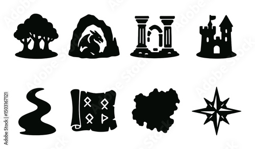 Fantasy map silhouette icons set – simple, adventure and cartography symbols