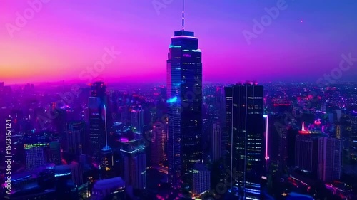 A colorful minimalist skyscraper animation with seamless motion transitions. The camera smoothly glides over the urban landscape, capturing the vibrant neon lights and deep HDR tones