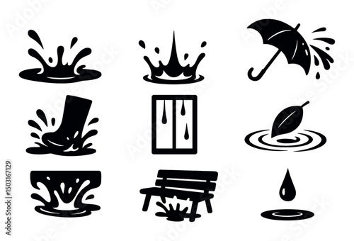 Rain splash silhouette icons set – bold weather, water and nature symbols