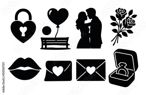 Parisian love silhouette icons set – romantic, affectionate and simple symbol collection