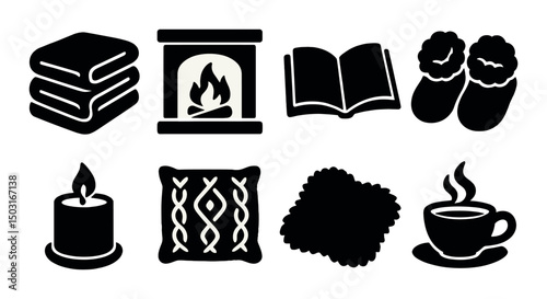Cozy winter essentials icons set – silhouette, warmth, comfort and relaxation symbols