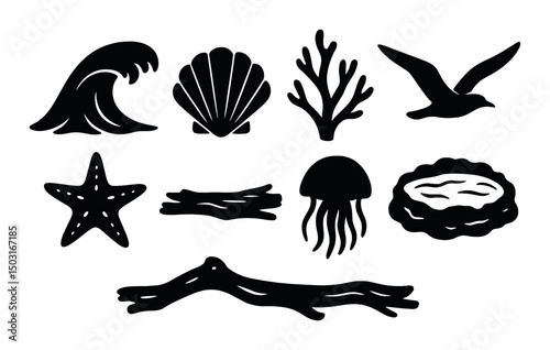 Ocean and nature silhouette icons set – marine, sea, coast symbols