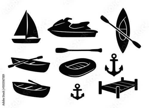 Beach and boat silhouette icons set – nautical, marine and seaside symbols