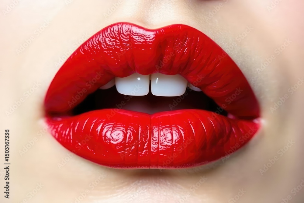 Obraz premium Close-up vibrant red lips, stark white backdrop, still life, beauty, macro