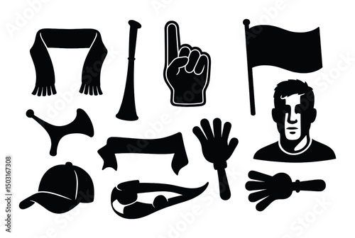 Soccer fan gear silhouette icons set – cheering, accessories, sports enthusiasm symbols