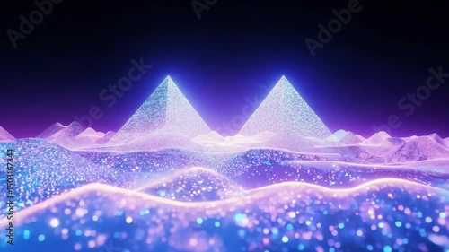 Glowing Pyramids in a Digital Landscape - Abstract 4K.
