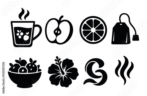 Fruit and tea silhouette icons set – outline, beverage and botanical symbols