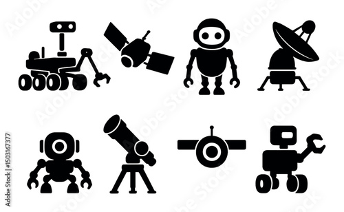 Futuristic space robots silhouette icons set – outline, ai and technology symbols