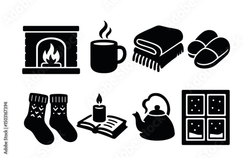 Cozy winter silhouette icons set – warm, hygge and comfort graphic symbols
