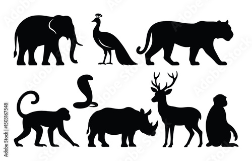Indian wildlife silhouette icons set – simple, animal and nature symbols