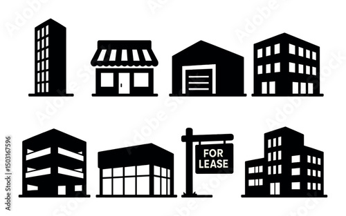 Commercial real estate silhouette icons set – properties, leasing, building symbols