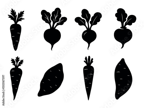 Root vegetables icons set – silhouette, simple and minimalistic food symbols