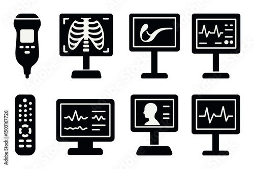 Medical tools icons set – silhouette, healthcare equipment and diagnostic symbols