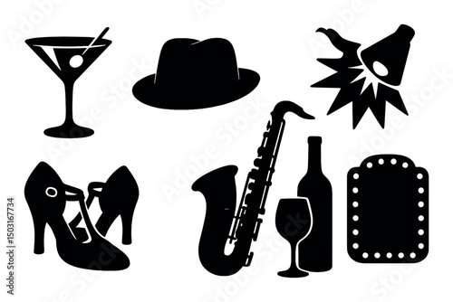 Parisian nightlife silhouette icons set – simple nightlife, entertainment symbols