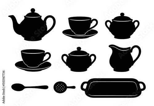 Traditional tea silhouette icons set – simple, classic and elegant home symbols