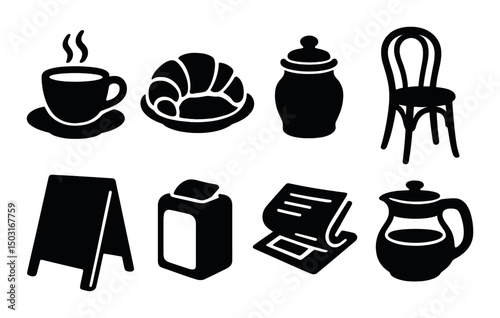 Parisian café silhouette icons set – outline, coffee shop and bakery symbols