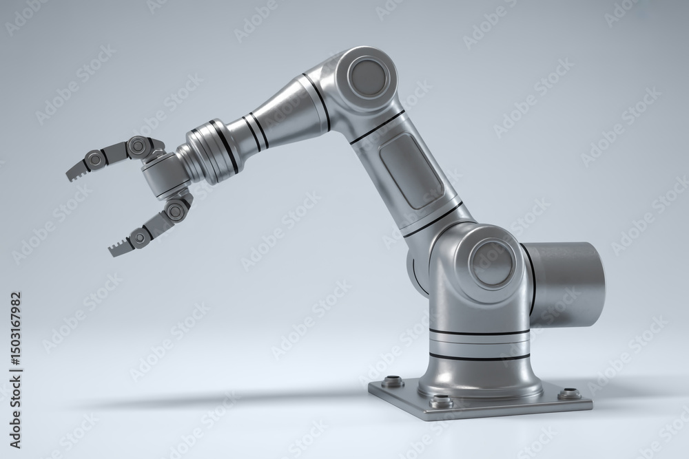 A silver robotic arm with a gripper on a white background in a studio setting with soft lighting A silver robotic arm with a gripper on a white background in a studio setting with soft lighting