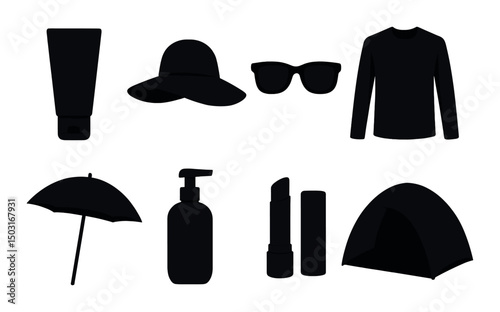 Sun protection essentials silhouette icons set – shade, uv safety and skincare symbols