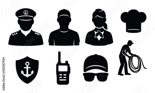 Yacht crew silhouette icons set – marine, nautical, and sailing symbols