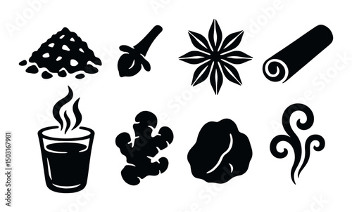 Spiced tea silhouette icons set – herbal, aromatic and beverage symbols