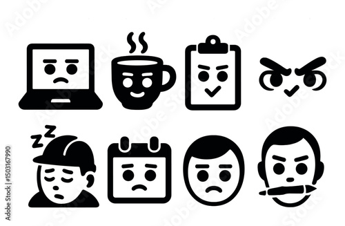 Work and office silhouette icons set – emotive, emoji, expressive workplace symbols