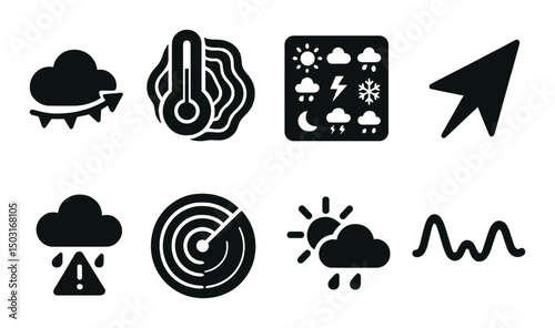 Weather map silhouette icons set – simple climate and forecast symbols collection