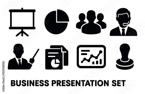 Business presentation silhouette icons set – simple, corporate and meeting graphics