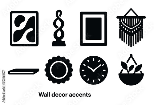 Wall decor silhouette icons set – home accents, art and interior design symbols