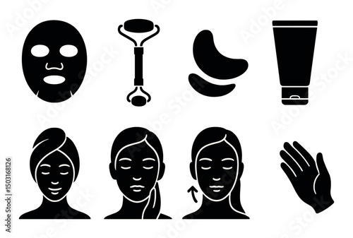 Facial massage silhouette icons set – skincare, beauty therapy, relaxation symbols