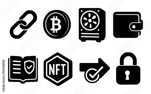 Crypto and blockchain silhouette icons set – bitcoin, wallet, and security symbols