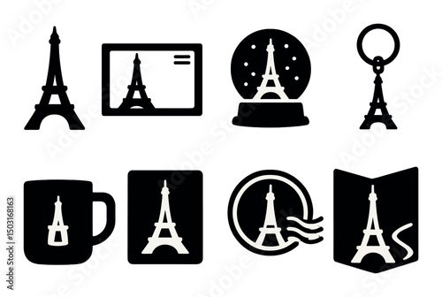 Paris souvenir silhouette icons set – keepsake, french mementos and travel symbols