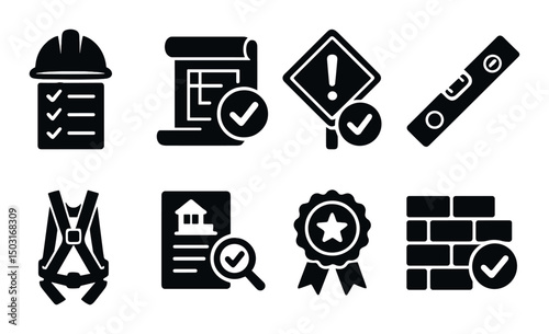 Construction quality silhouette icons set – inspection, building, safety symbols
