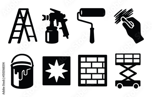 Mural painting silhouette icons set – tools, design and decoration essentials