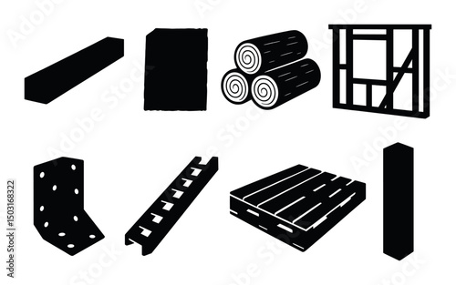 Wood construction silhouette icons set – timber, building and framework symbols
