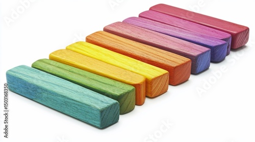 Rainbow array of wooden blocks in vibrant hues, arranged in a linear formation