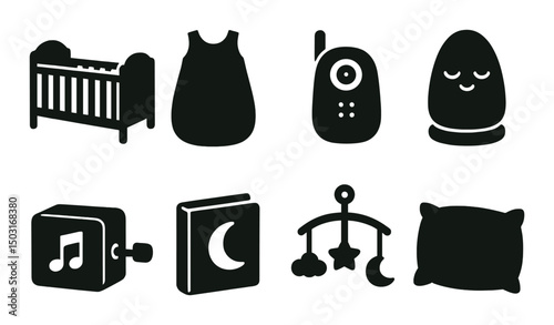 Baby bedtime essentials silhouette icons set – sleep, nursery and infant care symbols