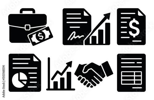 Business and finance silhouette icons set – accounting, money, spreadsheet symbols