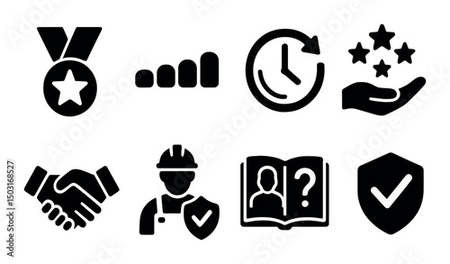 Service quality silhouette icons set – simple, customer satisfaction and support symbols